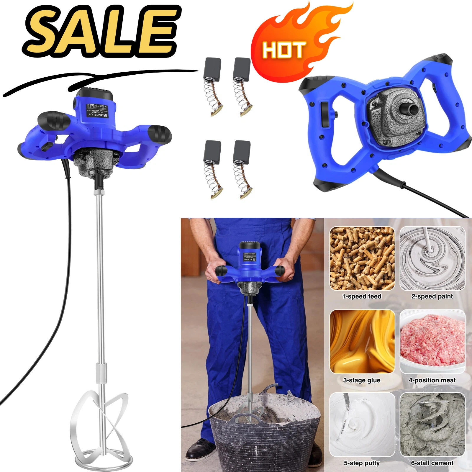 Mezcladora de Concreto Eléctrica de 2600W, Mezcladora de Mortero Manual de 6 Velocidades con Varilla Mezcladora M14 – Para Pintura, Mortero, Yeso, Cemento