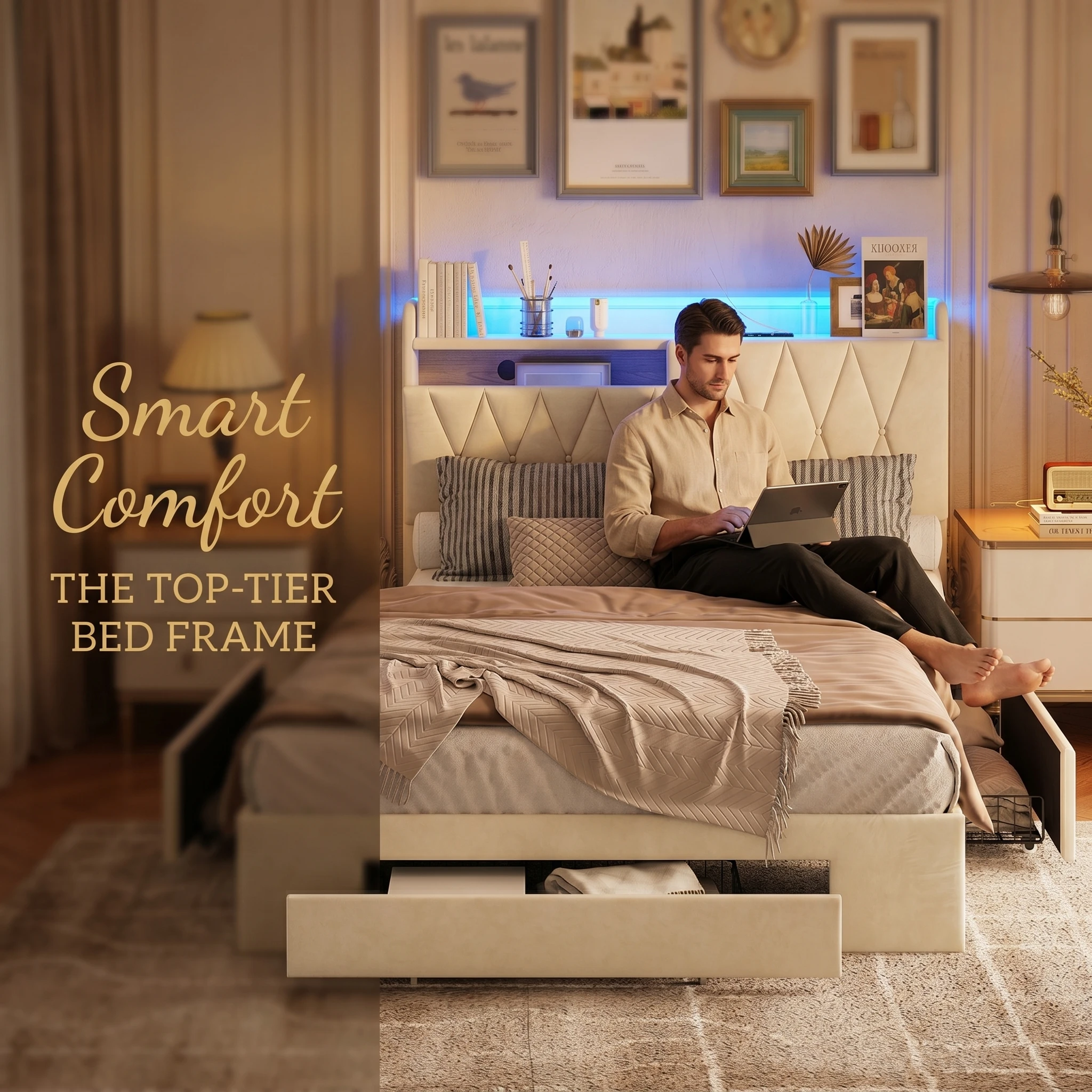 Superaly Base de Cama Tapizada de 160×200cm con Cabecero con Almacenamiento y LED, Carga USB/Tipo-C, 3 Cajones de Almacenamiento, Terciopelo, Beige