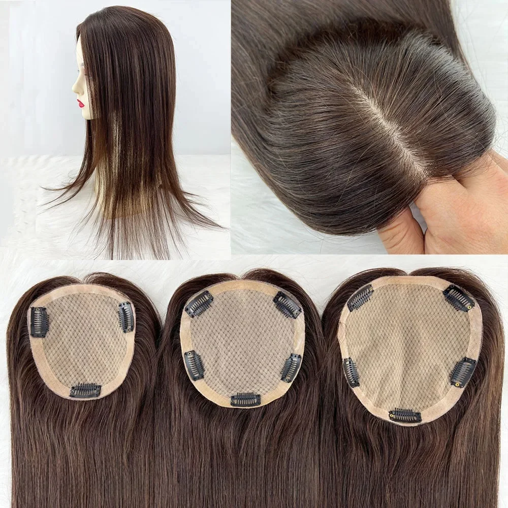15x17cm Donkerbruin Menselijk Haar Topper Zijden Top Ademend Maagdelijk Haar Europese Zijde Basis Zacht Haarstuk Met Clips in voor Vrouwen - afbeelding 2