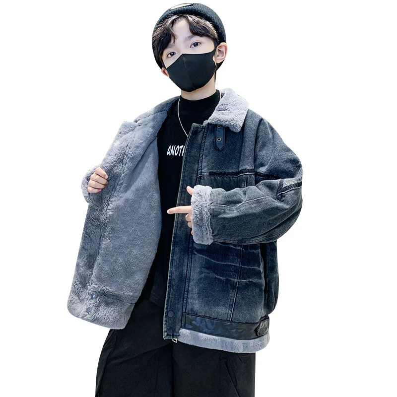 New Boys' Winter Coat with Fleece, Boys' and Teenagers' Blue Gray Denim Coat, Boys' Coat with Thicker Thickness