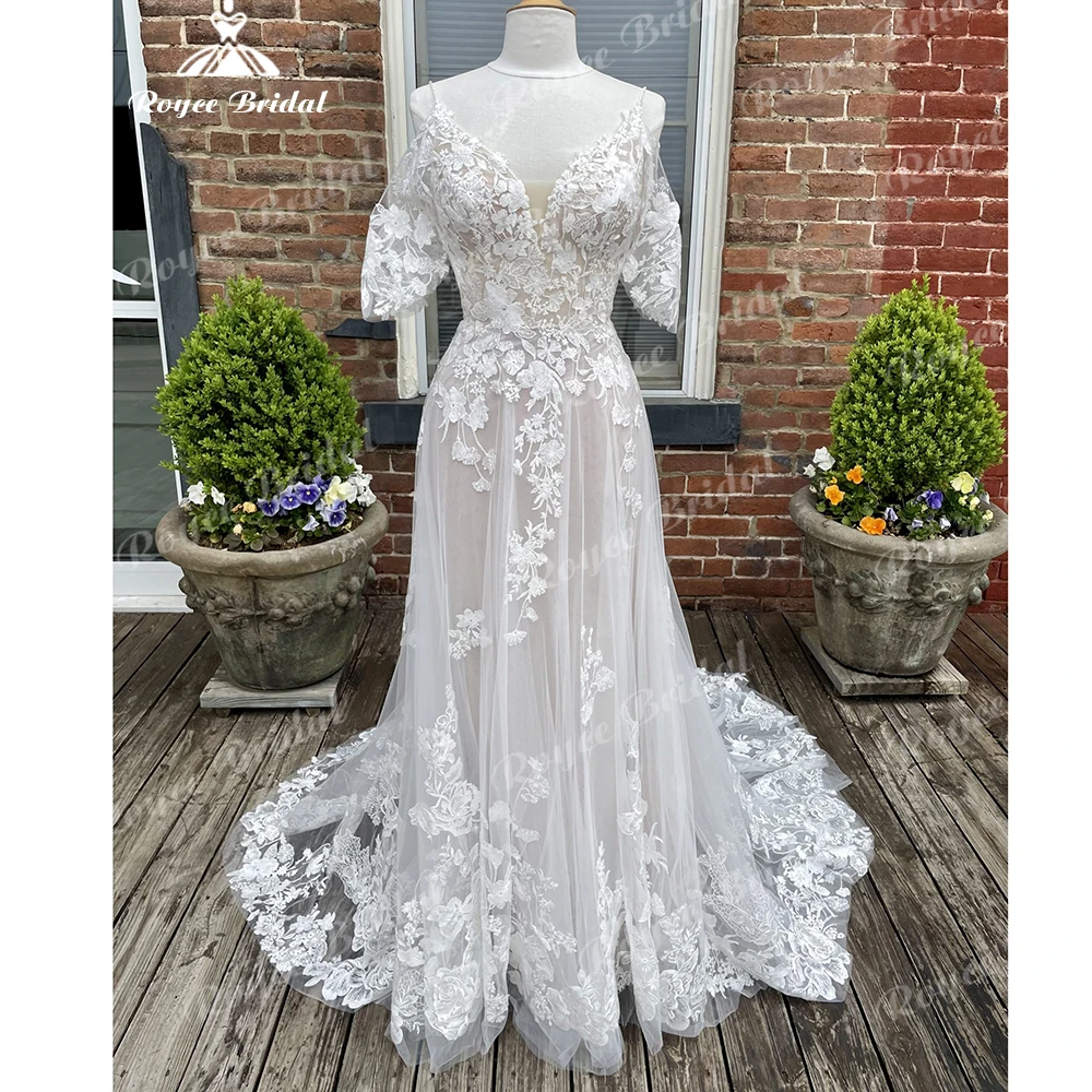 Zomer Kant Trouwjurken Bandjes A-lijn Bruidsjurken Backless Applicaties Boho Bruid Jurk Vestidos De Noiva Roycebridal