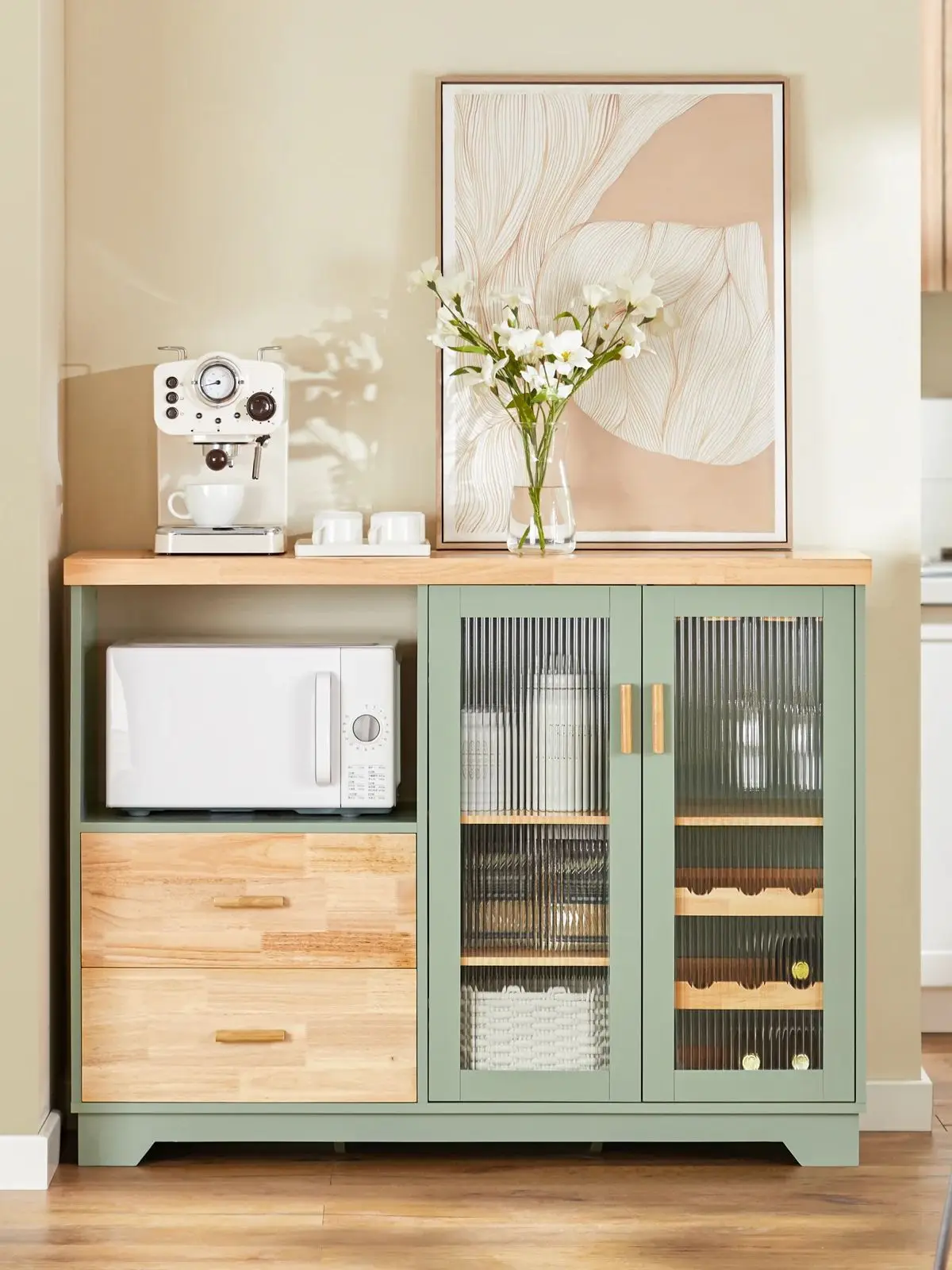 SoBuy FSB81 Buffet Sideboard mit 2 Glastüren Küchenschrank Kommode Schrank Flurschrank Beistellschrank Mikrowellenschrank