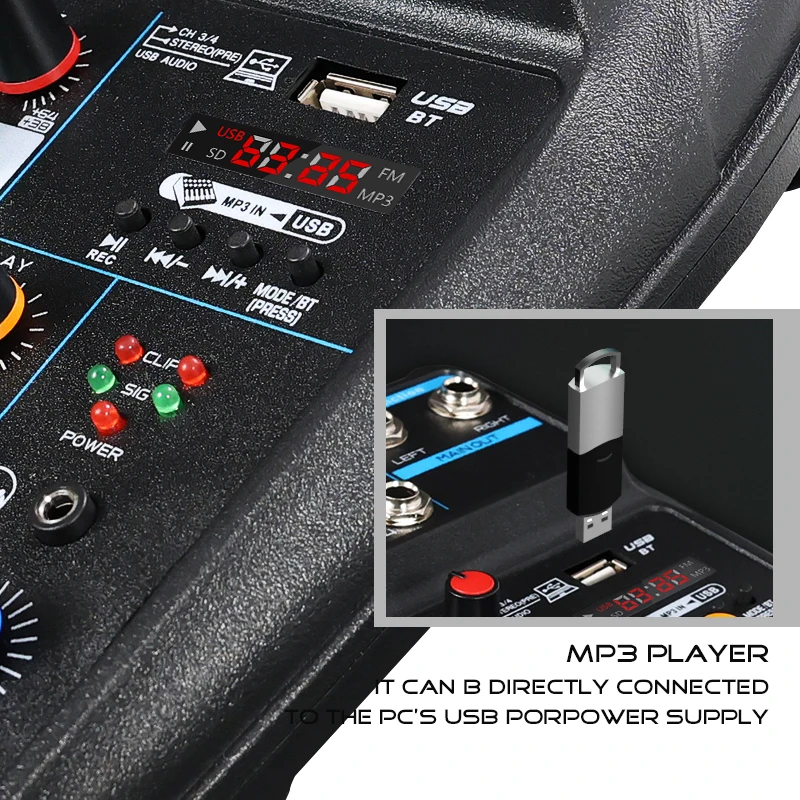 4-Channel Small Audio Mixer with Bluetooth, Usb, Mp3, 48V Phantom Power, for Mobile Phone and Computer Live Streaming, K-Song Mixer image 3