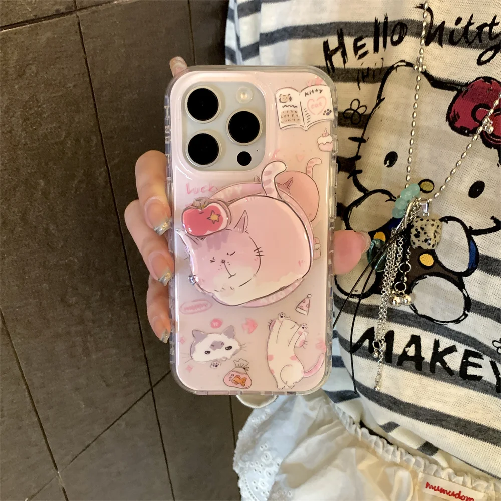 

Korean INS cute cartoon kitten magnetic stand phone case for iPhone 16 15 14 13 17 Pro Max cover rotary holder protective cover