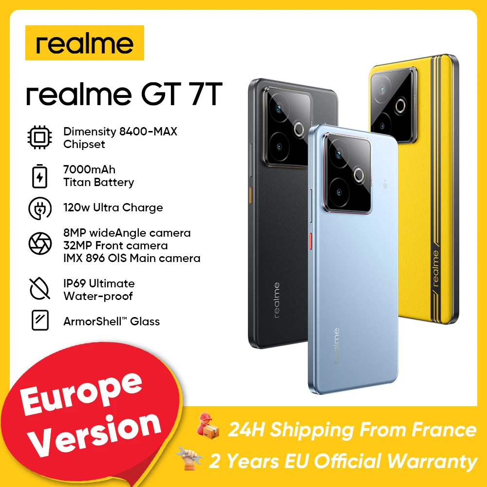 Realme GT 7T 5G 12+256/512GB Smartphone, Mediatek Dimension 8400 Max, Batterie 7000mAh Charge de Bypass 120W, Caméra 50 MP, Affichage AMOLED 120Hz de 6,8 pouces, IP68/IP69 Téléphone Android 15 Realme GT 7T 5G 12+256/512GB Smartphone, Mediatek Dimension 8400 Max, Batterie 7000mAh Charge de Bypass 120W, Caméra 50 MP, Affichage AMOLED 120Hz de 6,8 pouces, IP68/IP69 Téléphone Android 15