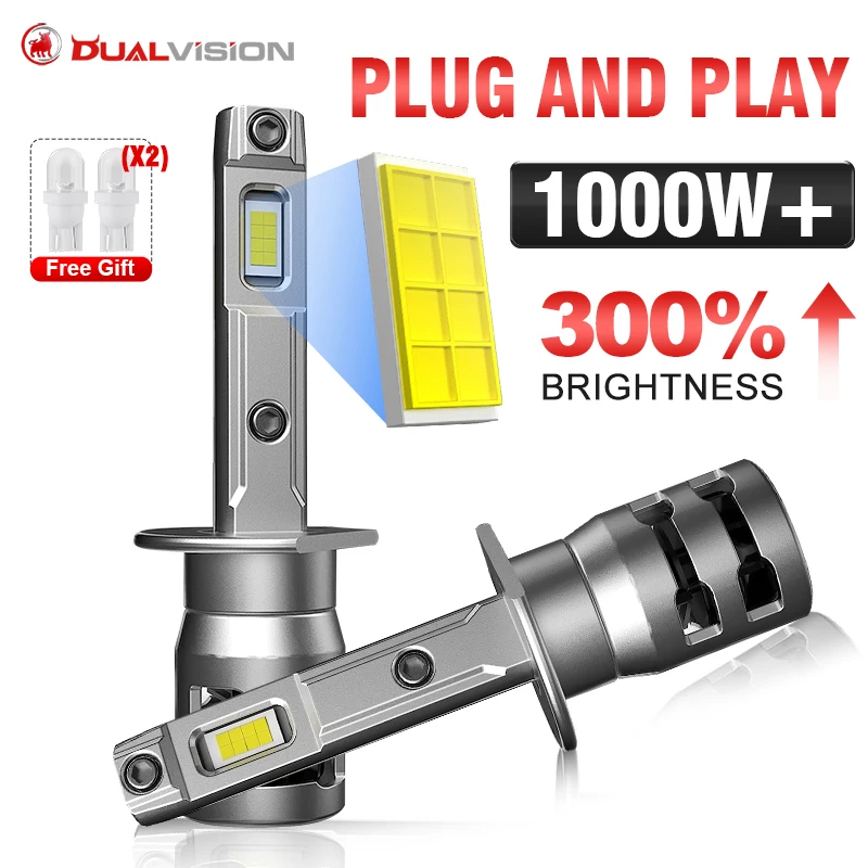 Dualvision 1000W H1 LED Headlight 1000000LM 6000K CSP 1: 1 High Low Beam Turbo Auto Light Plug and Play Mini H1 12V Diodes PTF