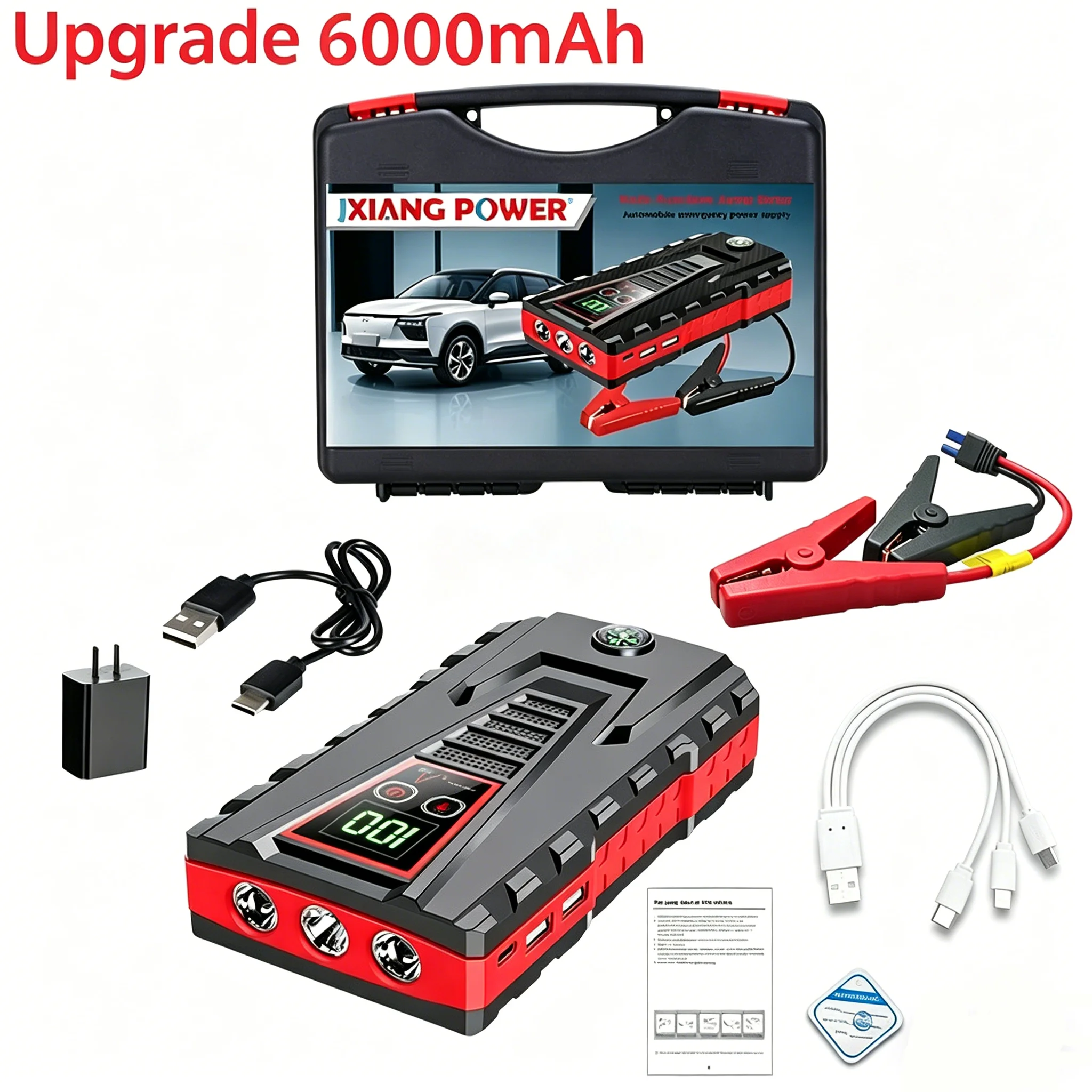 6000mAh 12V Auto-Starthilfe 5000A Spitzenstrom Tragbarer Batterie-Booster Powerbank für bis zu 6,0L Benzinfahrzeuge