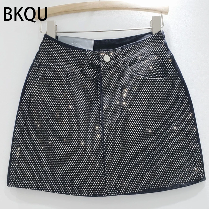 BKQU 2023 New Rhinestone Denim Mini Skirts Women Fashion Party Club Diamonds High Waist Jean Skirt Y2K Aesthetic Korean Bottoms