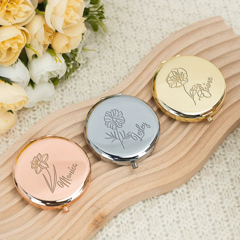 Custom Engraved Birth Flower Compact Pocket Mirror, Bridesmaid Wedding Favor, Perfect Gift for Mother’s Day and All Seasons