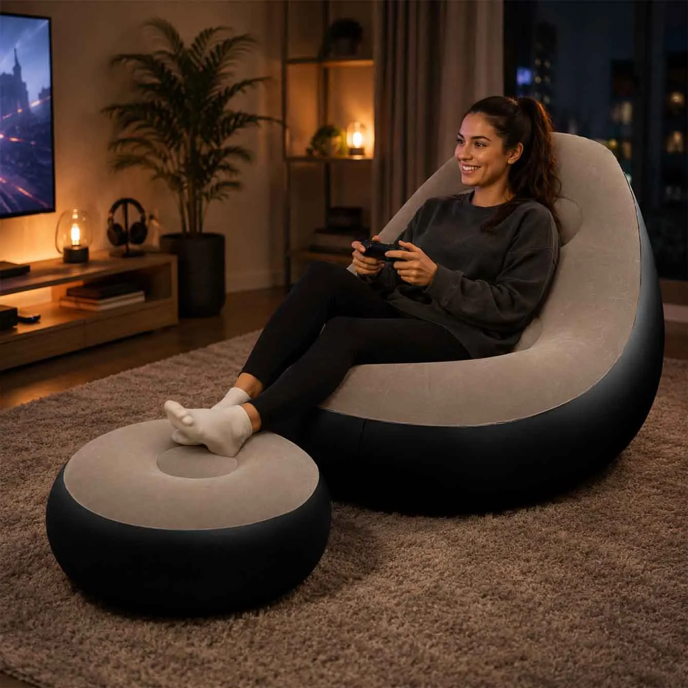 1PC Inflatable Lounge Chair for Adults, Folding Portable Lazy Sofa with Foot Stool Lazy Flocking Recliner Chair Air Couch Sofa image 5