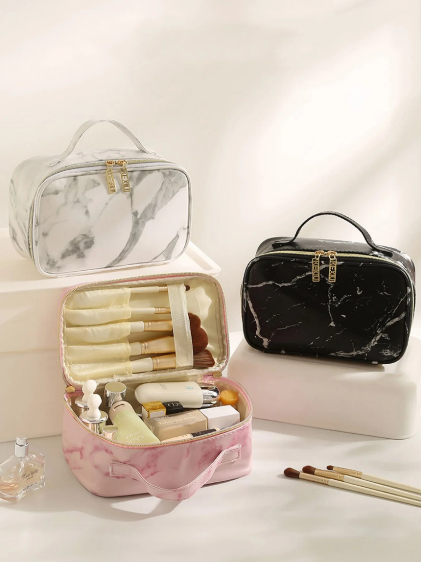Marble Waterproof Pu Cosmetic Storage Bag Professional Makeup Handbag Travel Makeup Desktop Organizer Toiletry Makeup Bag