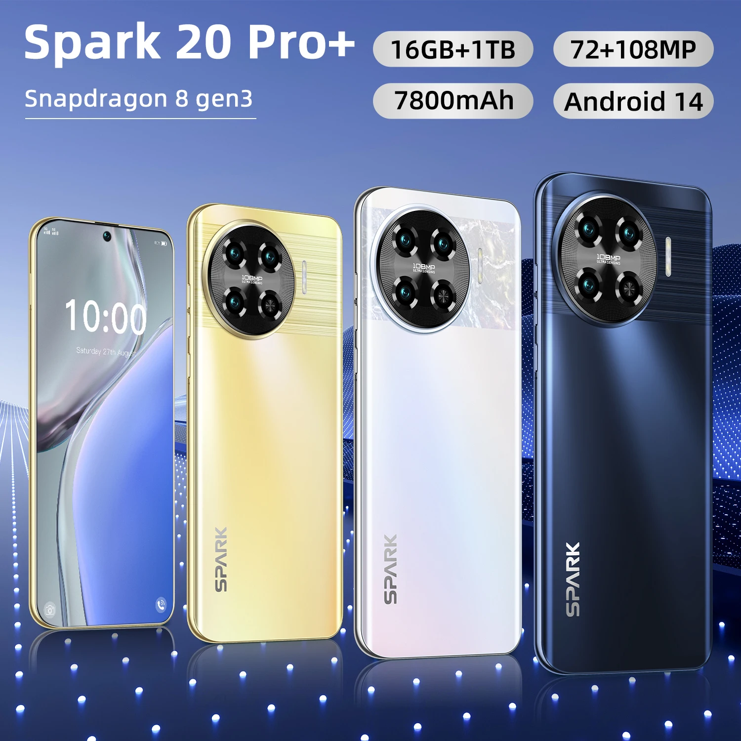 

Spark 20 Pro+ Global Version Smartphone 5G 7.6 Inch Snapdragon 8 gen3 Camera Cell Phones 7800mah Android Phone Unlocked Celular