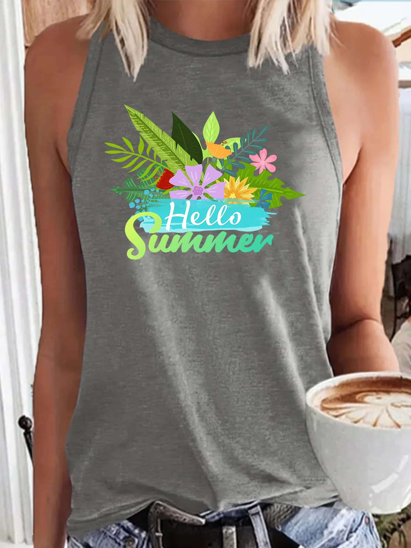 Summer Latest hello Summer  Tropical Plants Fashion Sports Women's Tank Top Loose O Neck Sleeveless Casual Tank Top