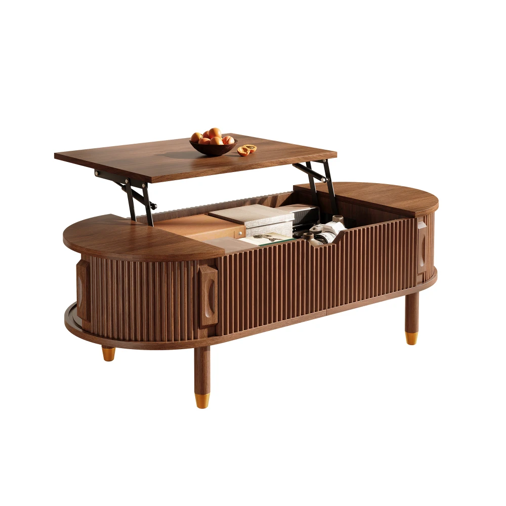 Tavolino da caffè con piano regolabile in altezza (110 × 48 × 57 cm), dotato di due ante scorrevoli; tavolino da soggiorno con design effetto legno e scanalature verticali, realizzato in MDF, colori