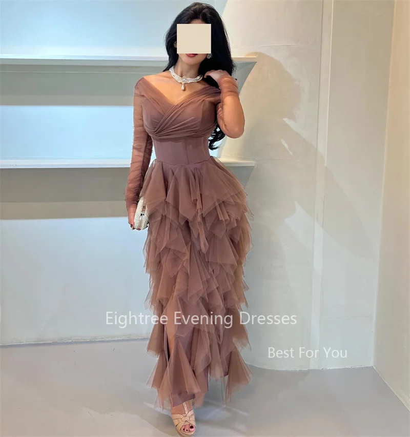 Eightree Vintage Dusty Pink Prom Party Dresses V Neck Tiered Tulle Princess Lovely Formal Cocktail Dress Formal Birthday Gowns