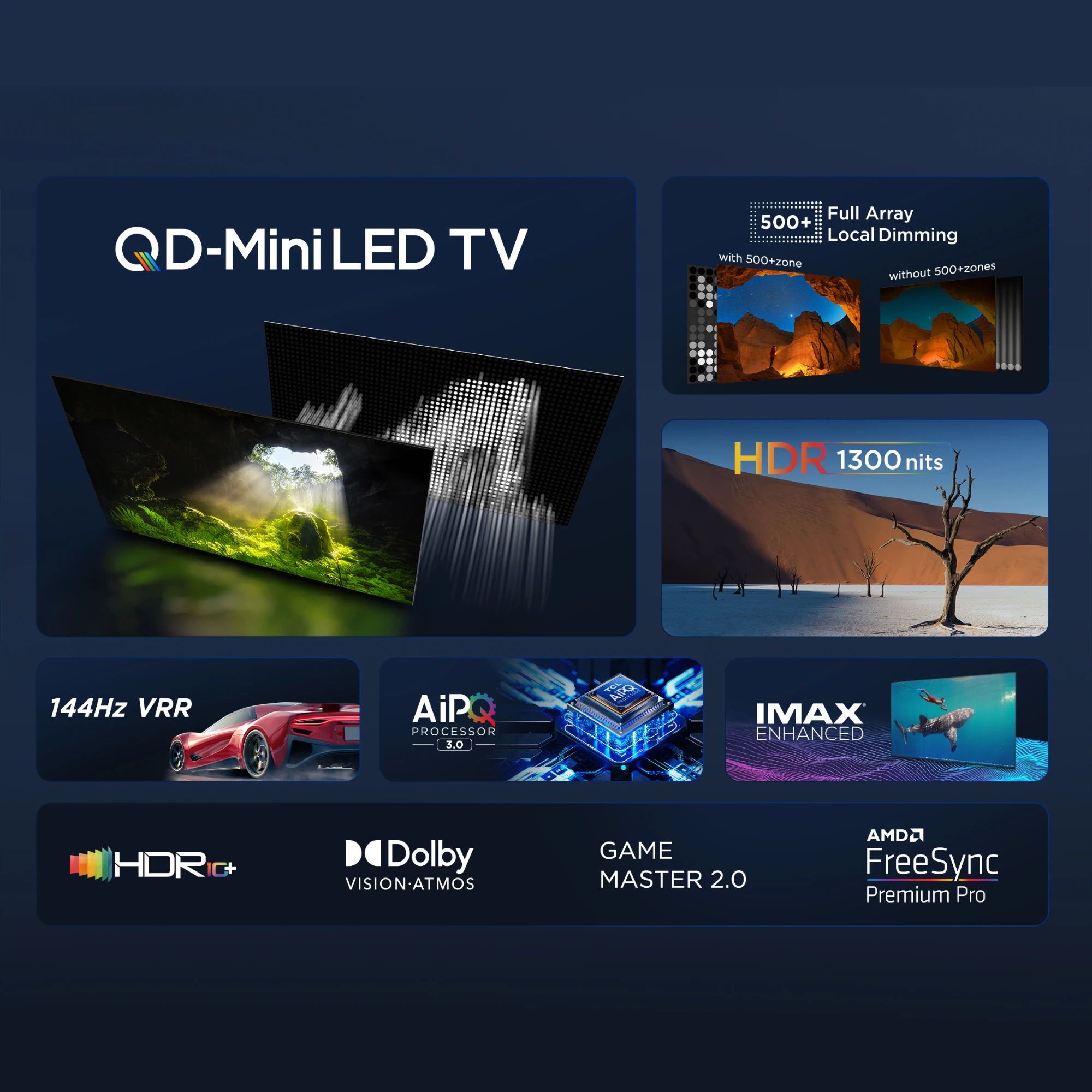 تلفزيون TCL 50 بوصة/55 بوصة/65 بوصة 75 بوصة/85 بوصة C755 QD-Mini LED 4K، تلفزيون Google 144 هرتز، Game Master، Dolby Vision IQ & Atmos، HD10+، AirPlay2، HDMI 2.1