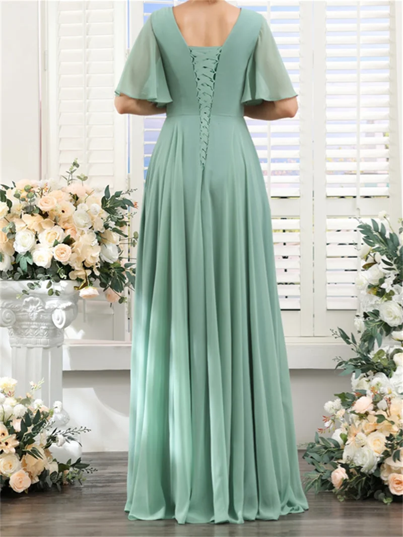 Chiffon Off the Shoulder V-neck Evening Dresses With Split Short Sleeves Pleated Corset Prom Gowns A-line Long Bridesmaid Gowns