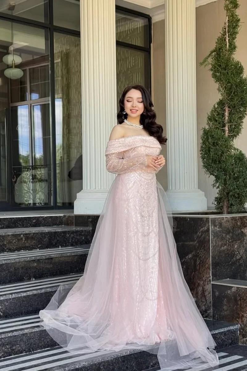 Jessica-vestidos de noche de manga larga con cuentas de tul, vestidos de fiesta de lujo de color rosa, vestidos de fiesta de boda de sirena personalizados