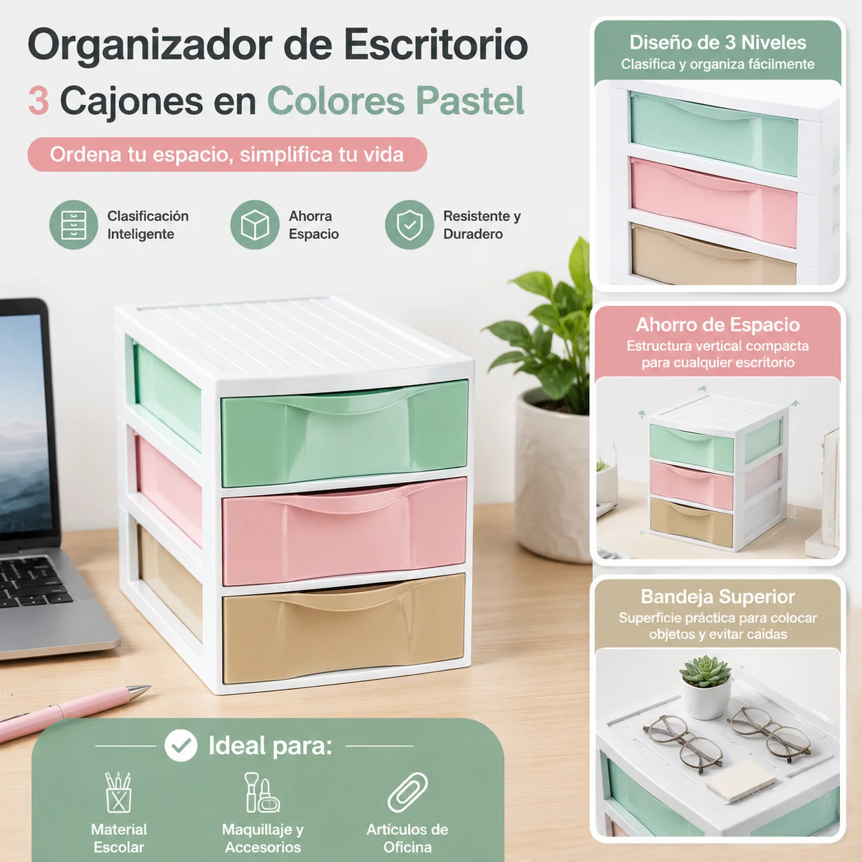 Unité de rangement en plastique avec 3 tiroirs aux couleurs pastel 37x26x27,5 cm, organisateur prêt à l'emploi pour bureau, chambre, salle de bain, jouets, cosmétiques, bureau