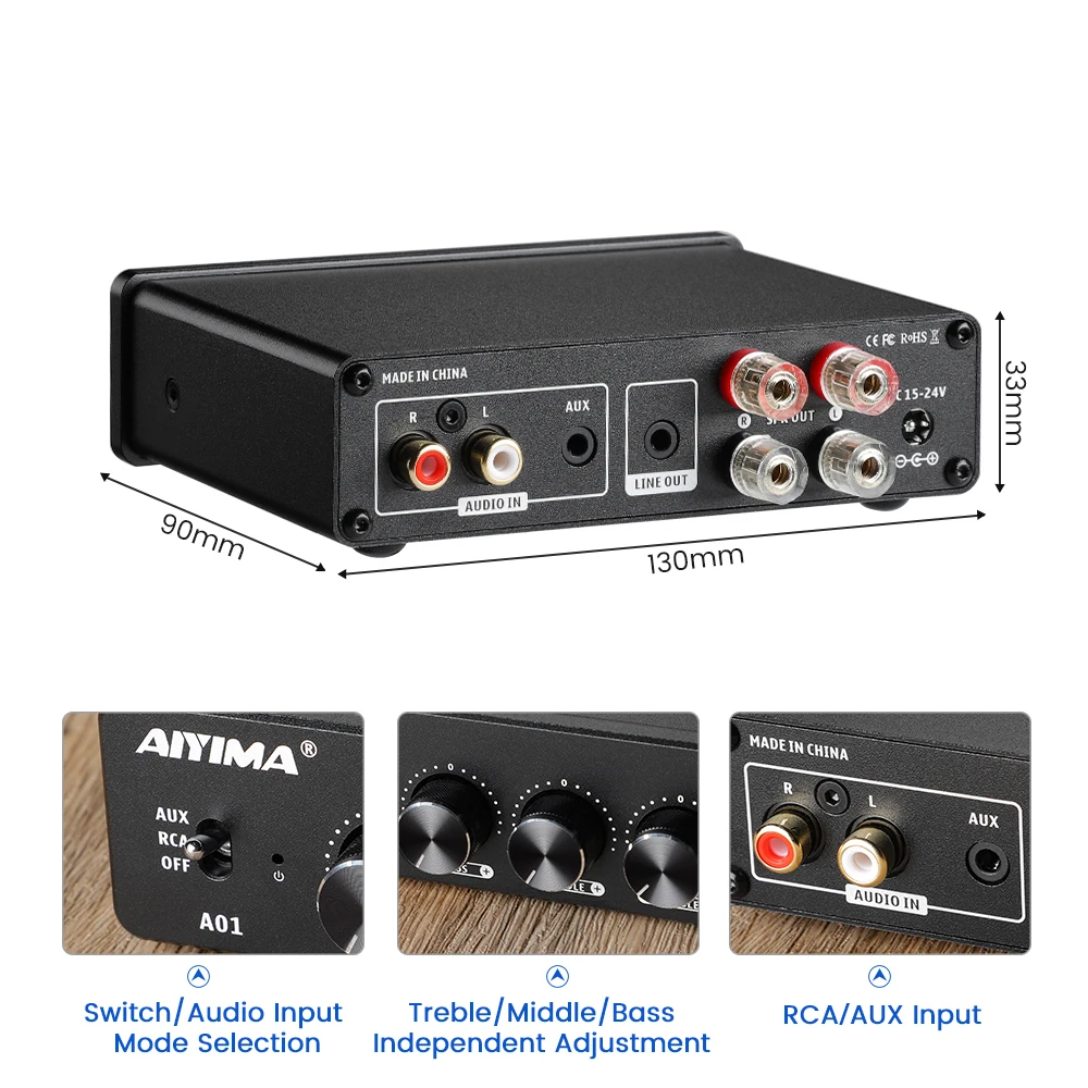 AIYIMA Audio A01 TPA3116D2 Sound Power Amplifier 100W Mini Hifi Class D Stereo Amp Bass Alto Treble for Home Theater