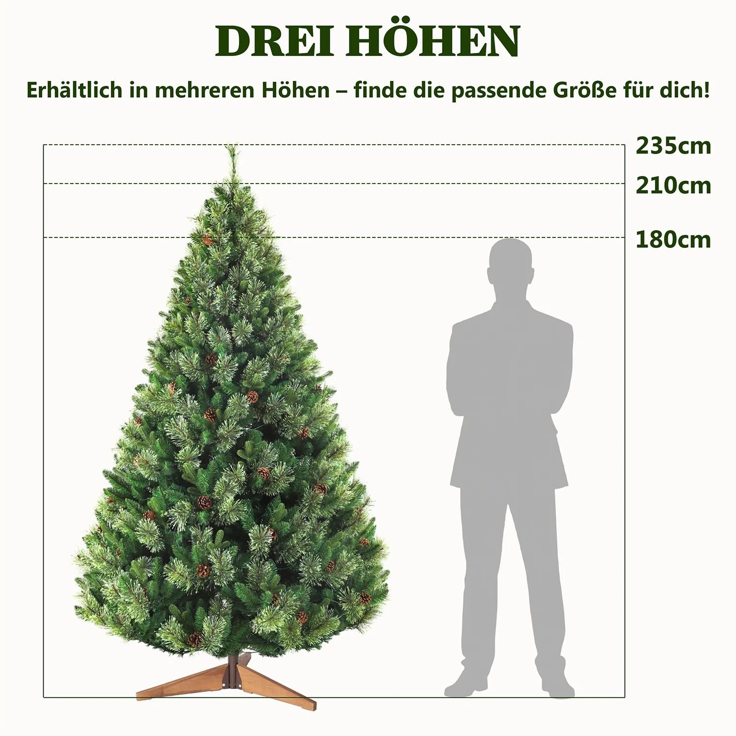 180/210/235 cm künstlicher Weihnachtsbaum PVC+PE, 1080/1400/1790 Spitzen, 210/310/410 LED-Leuchten, Holzständer, Party-Dekoration für den Innenbereich – Detail 4