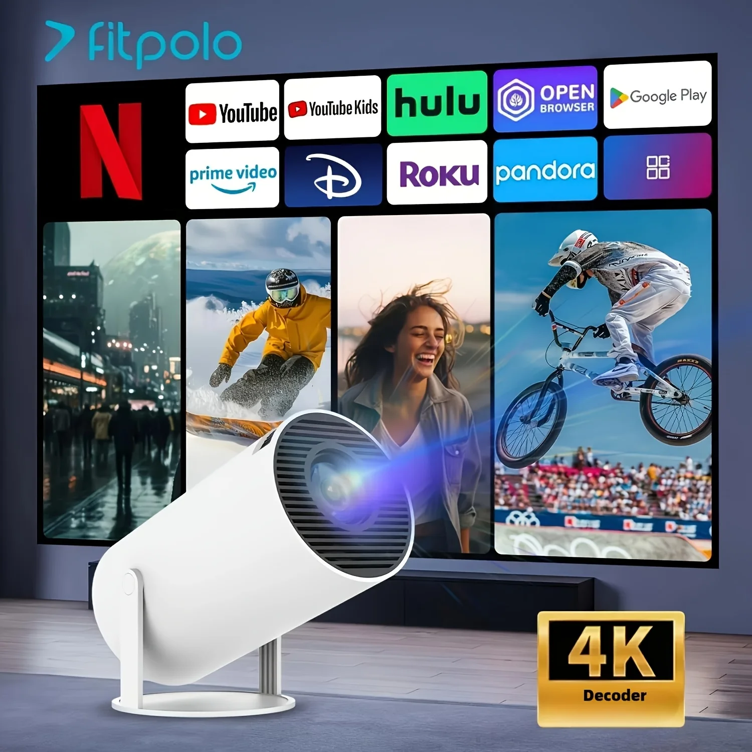 Proyector Inteligente ZNLYRION HY300 Portátil Android 11 Decodificación 4K Nativo 1280*720P 260ANSI Wifi6 BT5.0 180 °   Proyector de Cine en Casa Giratorio para Exteriores
