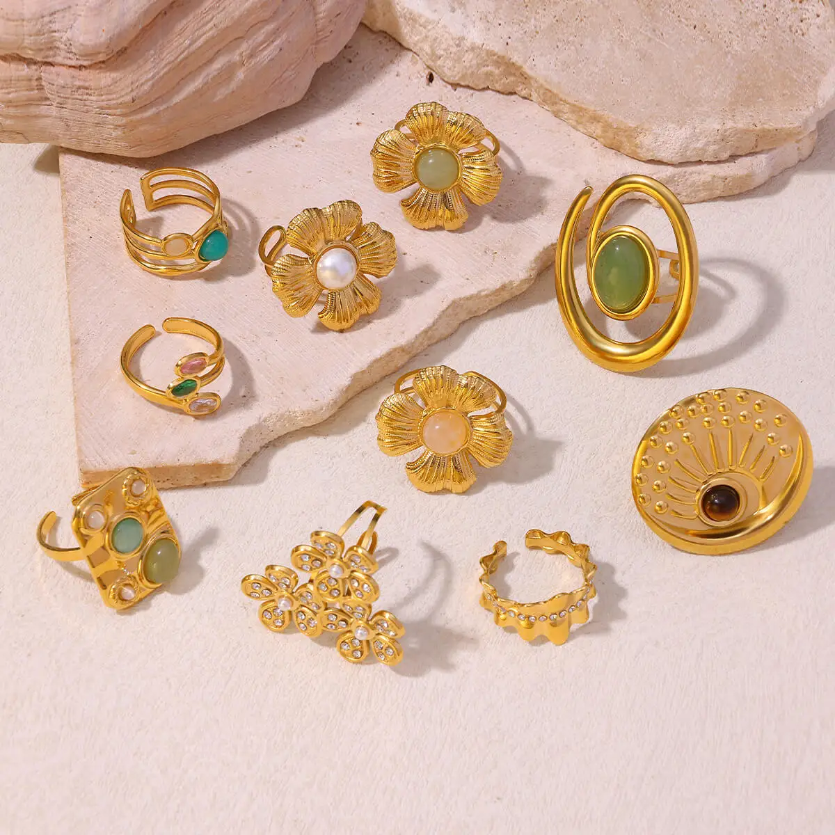 Bagues Vintage en pierre verte ouverte en acier inoxydable pour femmes, couleur or, fleur, Zircon, bijoux esthétiques, cadeau