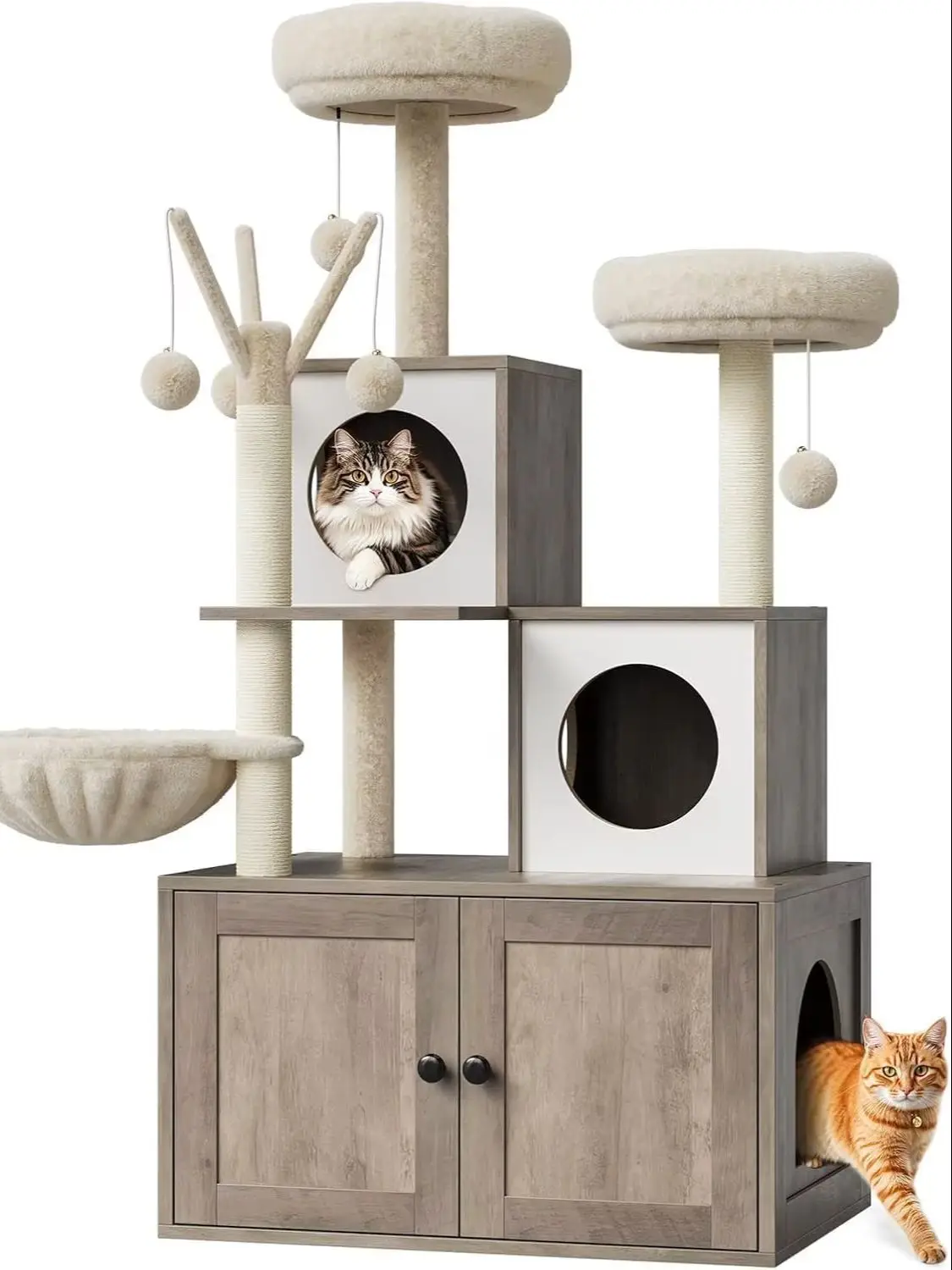 Katzenbaum mit Katzenschrank, 146 cm hoch, Katzenhaus aus Holz mit Kratzbaum, Hanteln und oberer Liegestange, All-in-One (grau)
