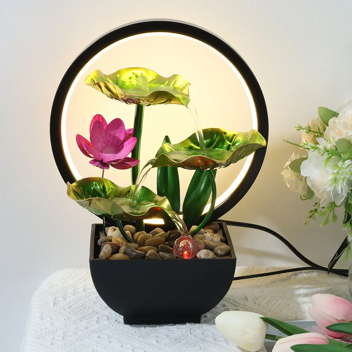Fontanna stołowa z obiegiem wody LED Ring Lights Decor Flowing Water Ornaments Meditation Lucky Fortune Craft for Home Office — 2