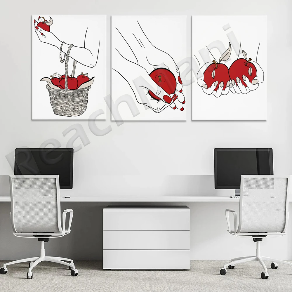 Three elegant apple prints, woman holding an apple, fruit art, red apple illustration, unique bedroom kitchen decor poster