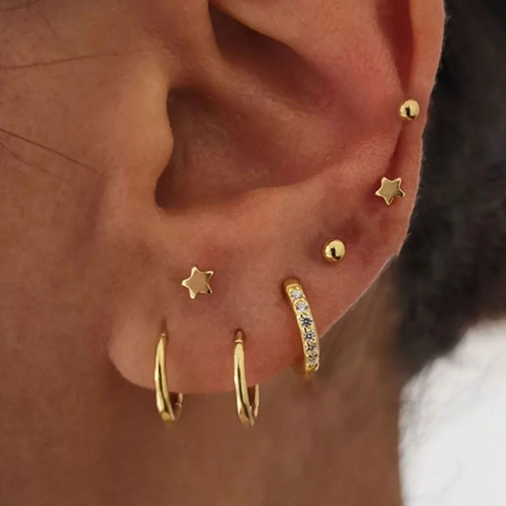 4Pairs Stainless Steel Small CZ Hoop Star BalL Stud Earrings Set for Women, 18K Gold Plated Earring Stack for Multiple Piercing