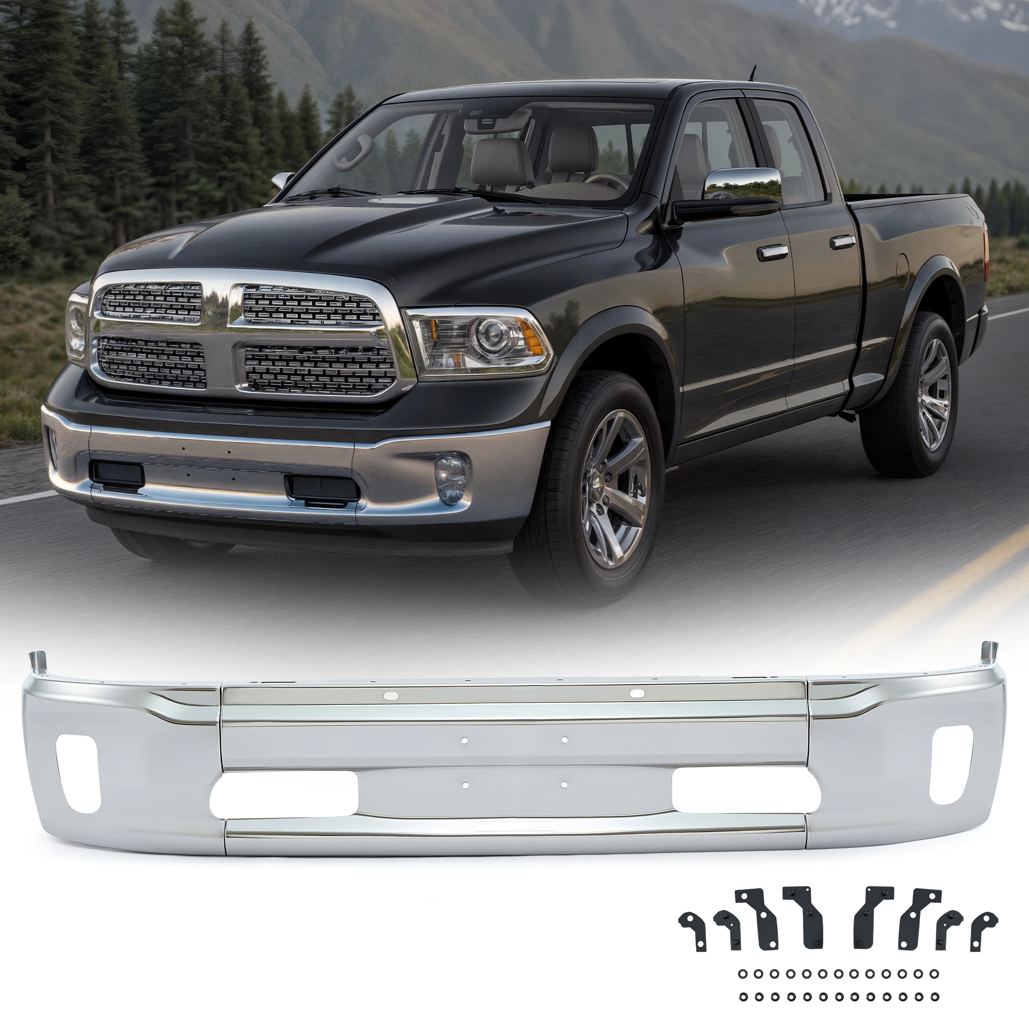 

Хромированный передний бампер на 2013, 2014, 2015, 2016, 2017, 2018, Dodge Ram 1500 Вт, противотуманный вырез без отверстий датчика системы помощи при парке, разделенный стиль