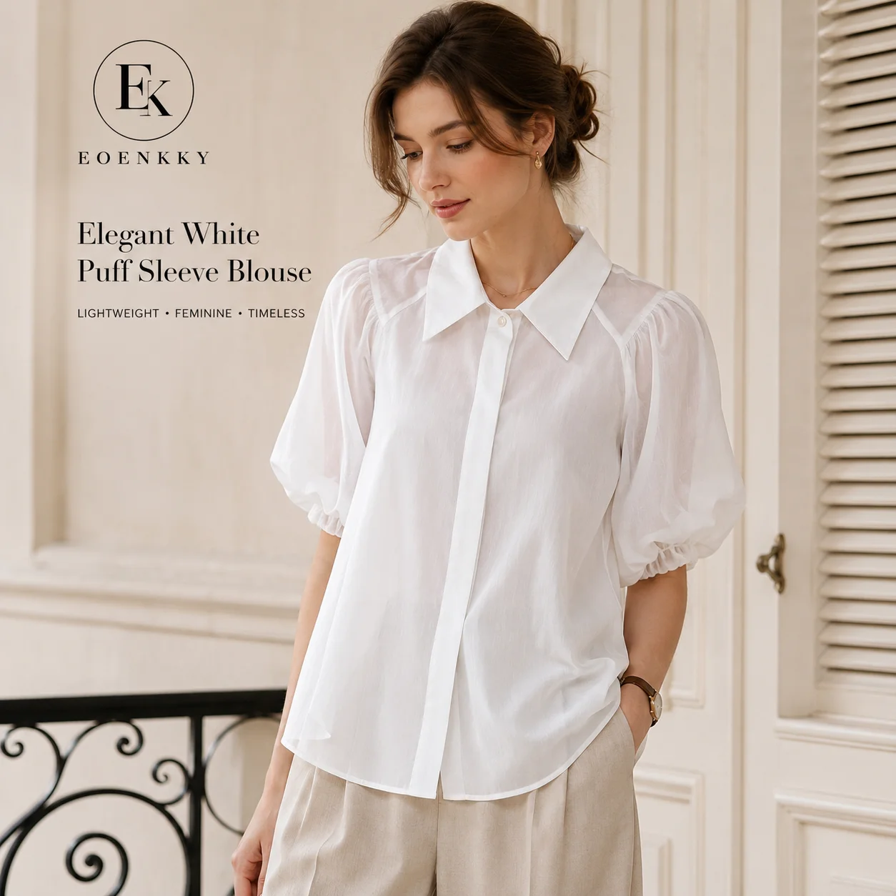 EOENKKY Women’s White Sheer Puff Sleeve Blouse Button Front Collared Elegant French Style Summer Office Top