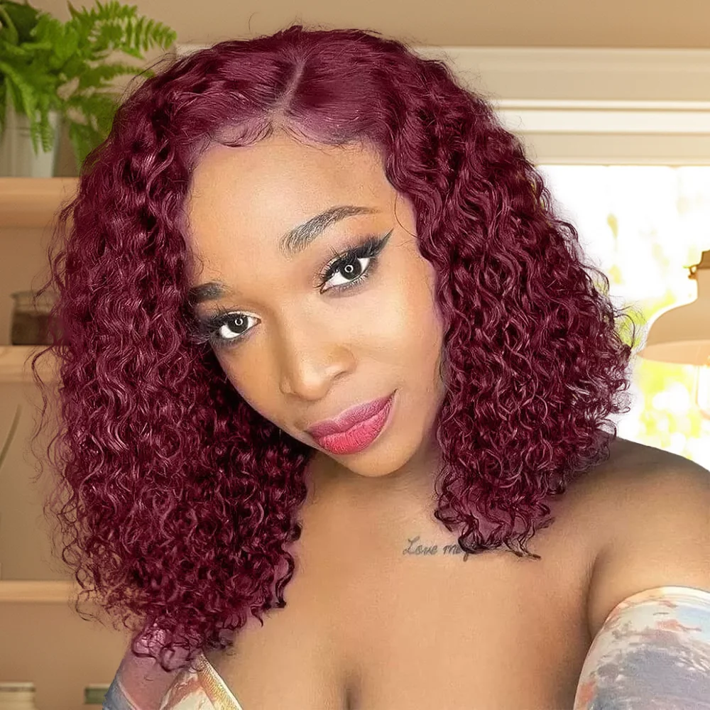 

99J Burgundy Bob Wig Deep Wave Bob Wig 13x4 Lace Frontal Bob Wigs Short Curly Wine Red Bob Wig Pre Plucked 210% Density 16Inch