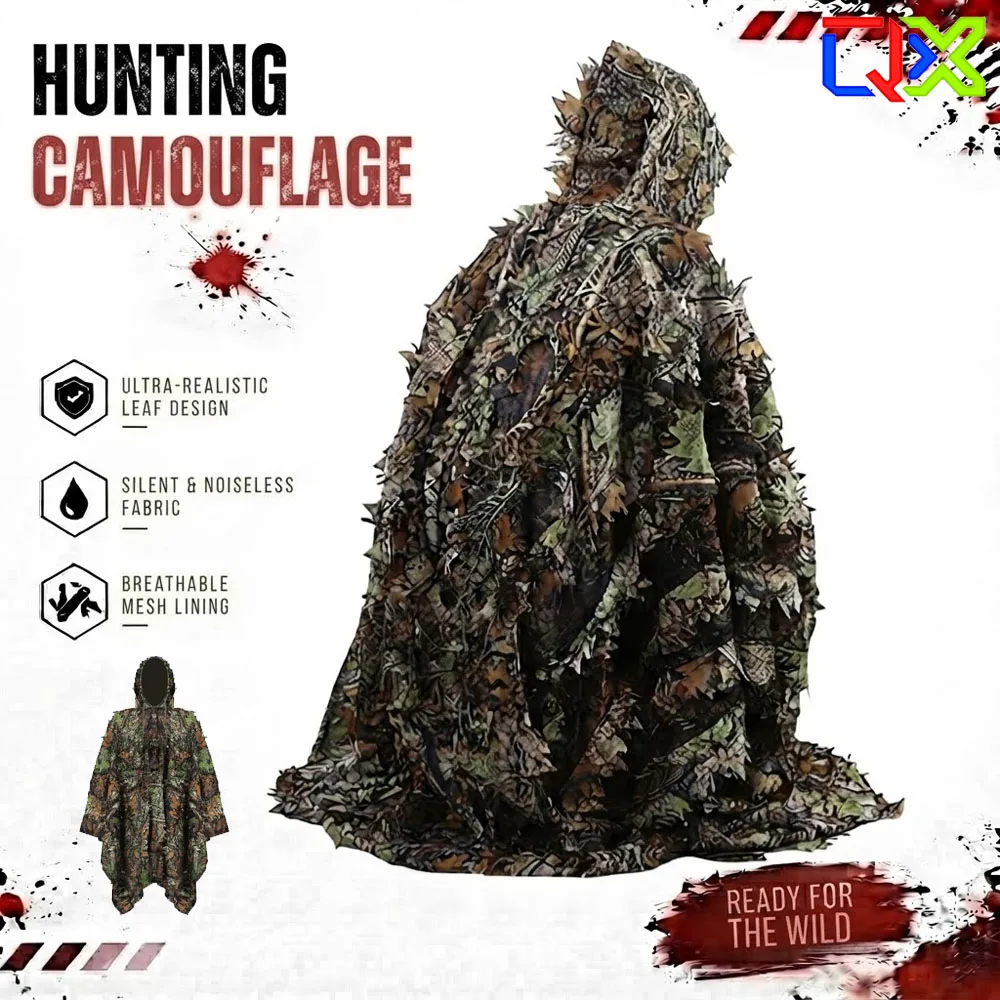 QX 3D Leaf Ghillie Suit Outdoor Bird Watching Camouflage Poncho Hooded Cloak Breathable Hunting Sniper Suit 120x160cm