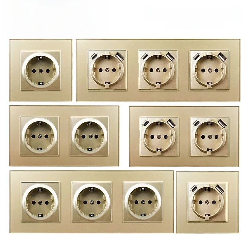 EU Gold Glas Wandleuchte Knopfschalter 220V 16A Double Triple Euro Französische Steckdose mit USB Typ C Steckdose Wallpad