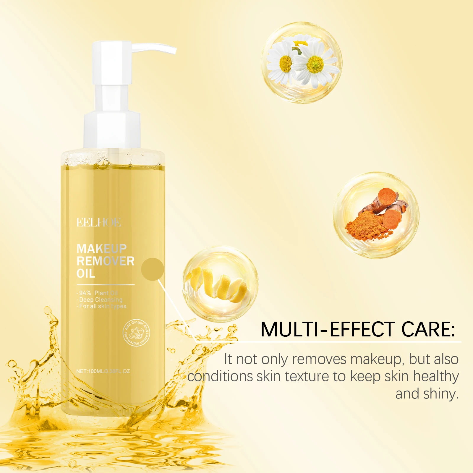Eelhoe 100ml Ginger Lemon Makeup Remover Oil Cares Skin Clean Pores Makeup Residue Refreshing Non Tight Makeup Remover Oil