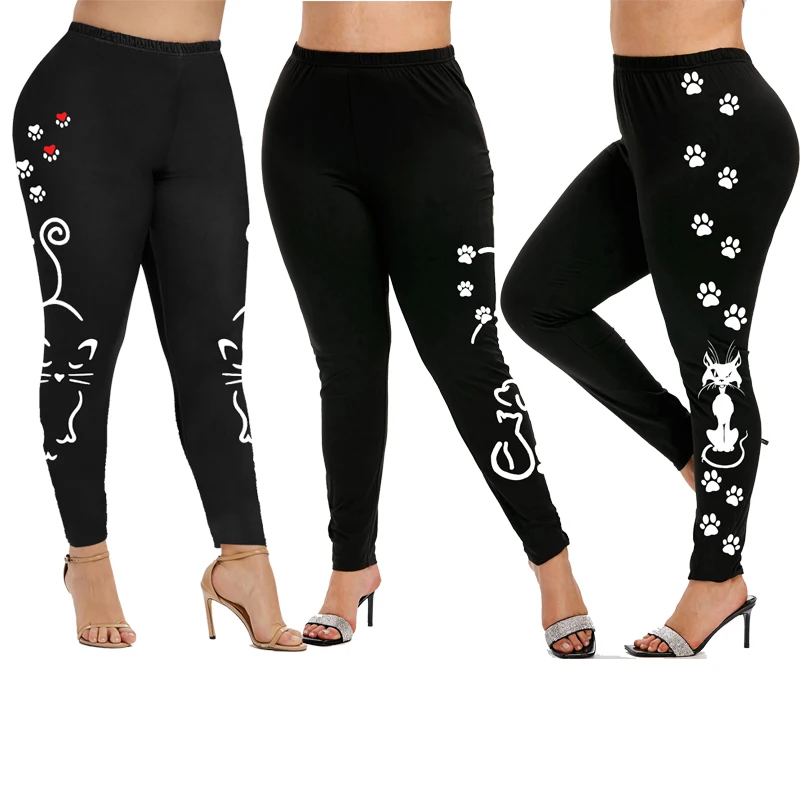 ROSEGAL S-5XL Leggings For Women Cute Cartoon Cat Paw Footprints Printed Skinny Pants Black Female Spring,Fall,Winter Trousers