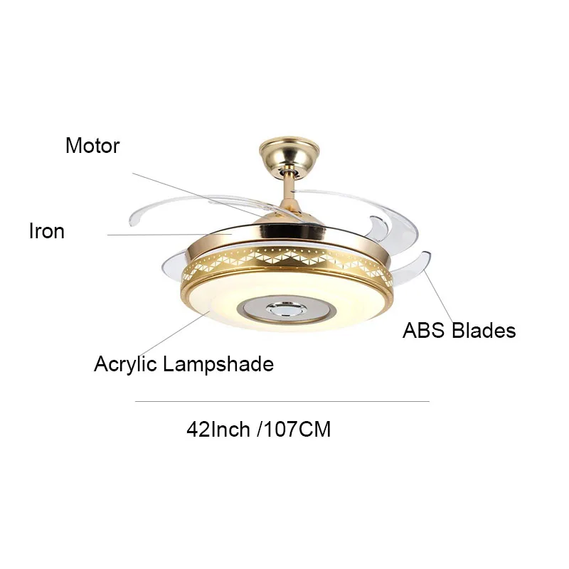 Music Bluetooth Ceiling Fans With Light Remote Control APP RGB Color Light Fans 110V 220V Invisible 42 Inch Gold Fan Lamp