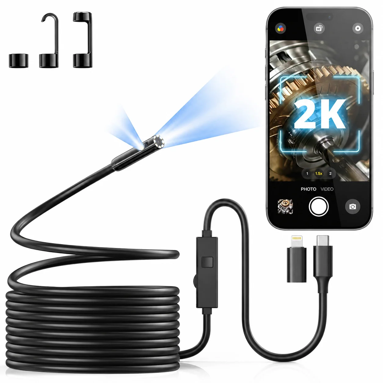 2K Dual Lens Borescope Camera 5m 10m for iPhone Android, 2560P Industrial Endoscope Inspection Camera for Automotive