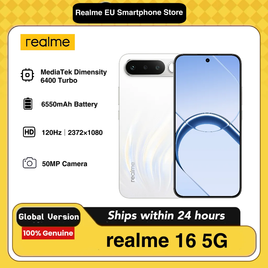 realme 16 5G Smartphone 8+256GB, Wit |   6550mAh batterij, 45W ultrasnel opladen, 6,57-inch AMOLED-scherm, 120Hz, 50MP IA-camera, Dimensity 6400 Turbo, IP69, (zonder adapter)