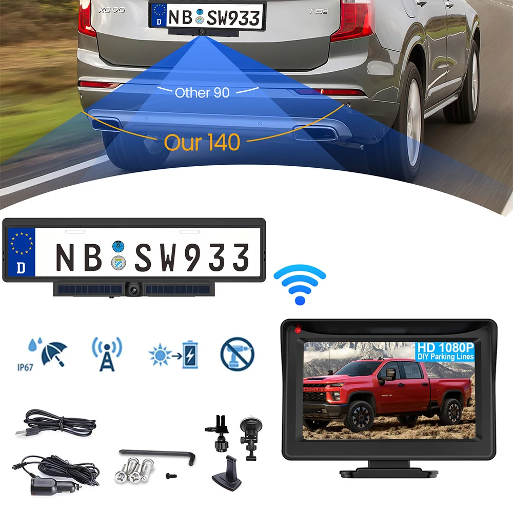 4.3inch Solar Vehicle Wireless Reverse Camera For Car RV Truck Trailer Pickup 12V-32V Car Monitor 1080P HD WIFI Rear View Camera