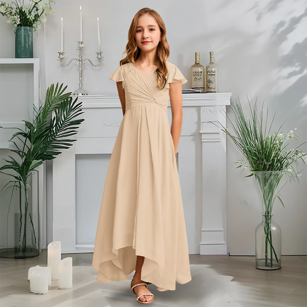 

Luxurious V-Neck Junior Bridesmaid Dress Misty Celadon Flower Girl Dress Asymmetrical Chiffon A-Line Spring Soiree Wedding Party