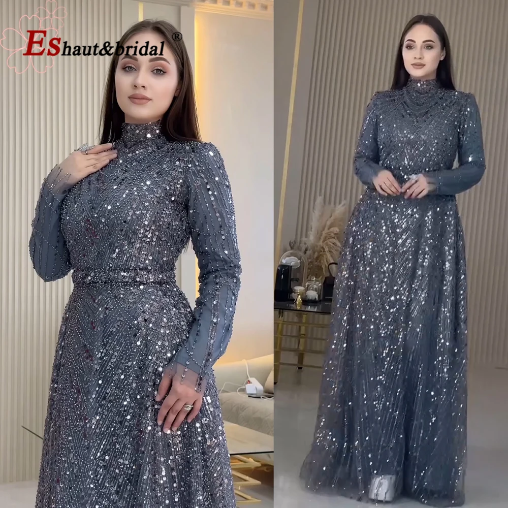 Elegant Muslim Pearls Evening Dress for Women 2024 High Neck Long Sleeves Arabic Aline Formal Prom Wedding Party Gown Customized