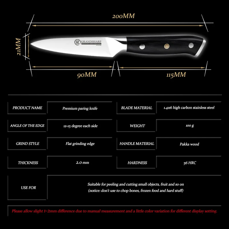 Premium Quality Paring Knife 1.4116 High Carbon German Stainless Steel Pakka Wood Black Handle Fruits Vegetables Cutting