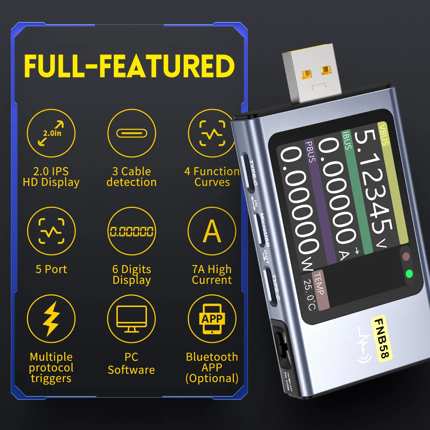 FNIRSI-FNB58 USB Voltage Tester TYPE-C Voltmeter Ammeter Fast Charge Detection Trigger Capacity Measurement Ripple Measurement