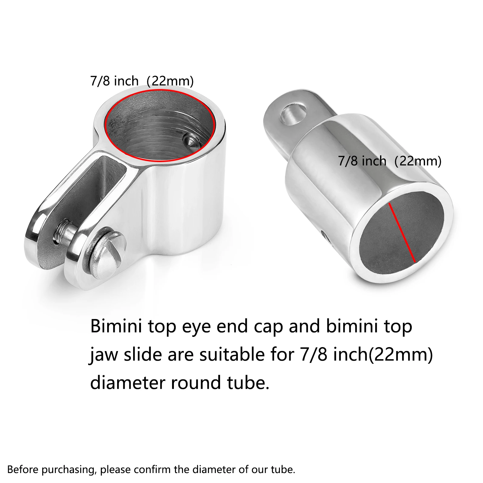 Bimini Top Jaw Slide and Eye End Cap, Bimini Top Hardware, Fits 7/8 Inch /22mm OD Round Tube, 316 Stainless Steel (2 Pairs)