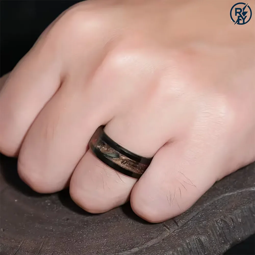 10 Anillos de Metal Negro CR-001 de 8mm con Incrustaciones de Arena Fluida Colorida, Bordes Biselados Pulidos, Ajuste Cómodo, Anillo de Boda para Hombre y Mujer