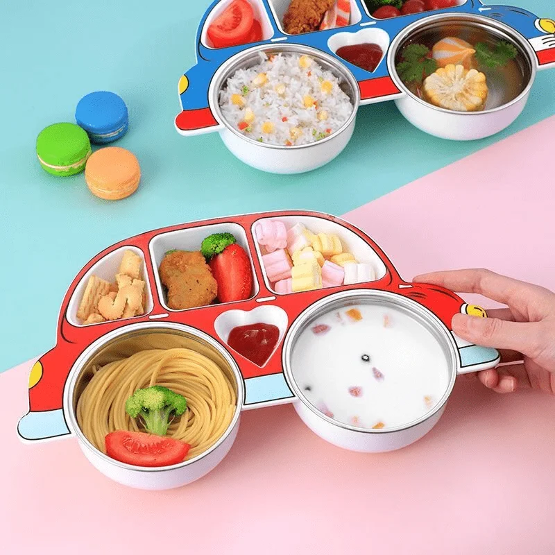 

Kids Cartoon Car Shaped Divided Plate Stainless Steel Children's Meal Tray with Sections for Food Fun Dining Dish for Toddlers