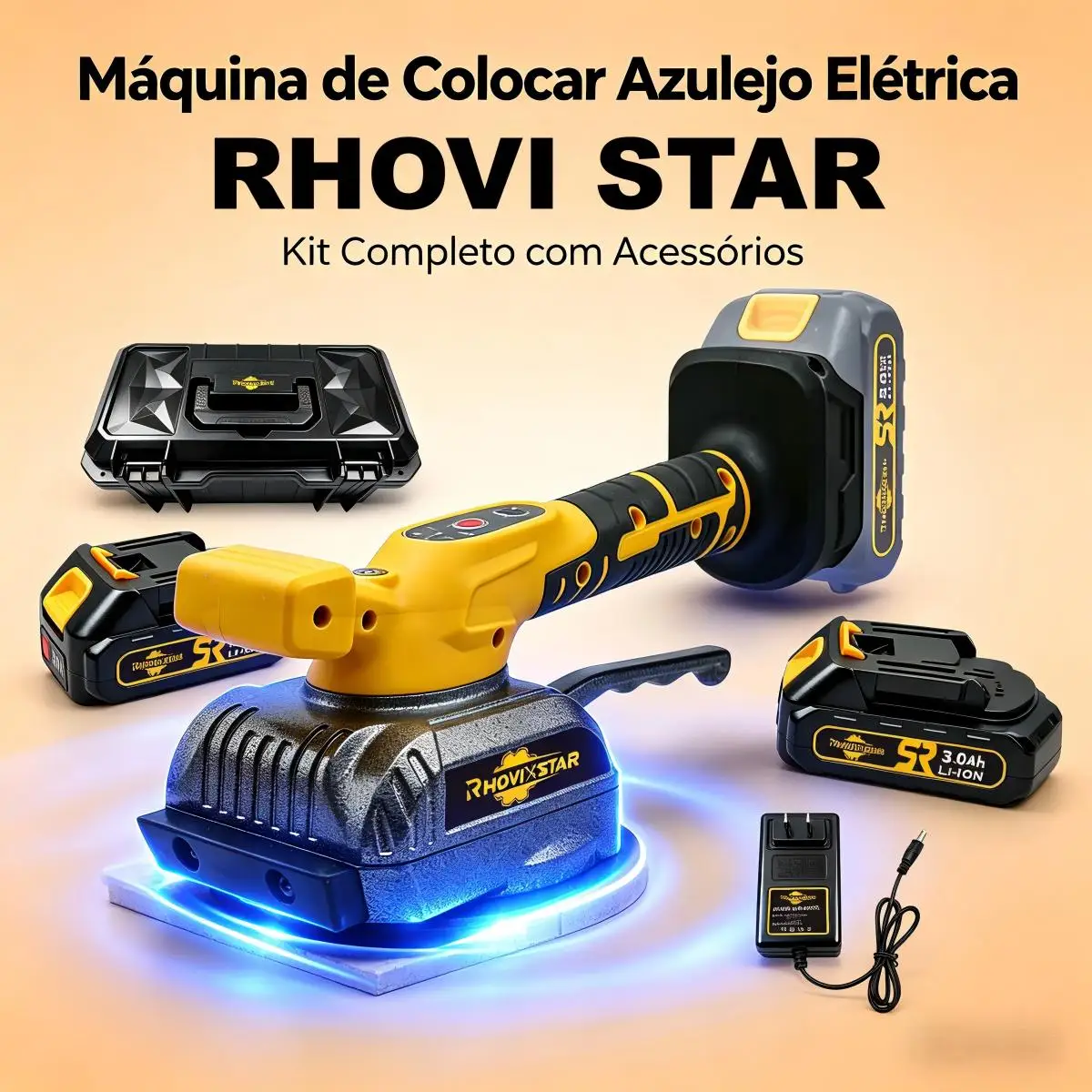 RhoviStar Máquina de Assentar Pisos e Azulejos de Porcelanato com Ventosa e Vibração, Acompanha 2 Baterias de 3.0AH